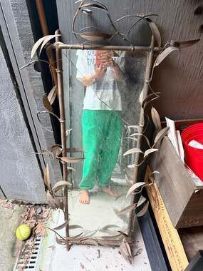 Vintage Mid-Century Brutalist Metal Bamboo and Leaf Wall Mirror